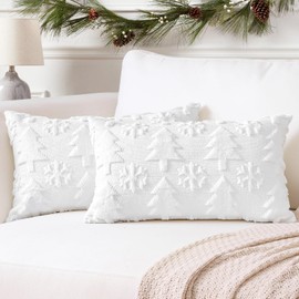 Artscope Set of 2 Xmas Soft Plush Short Wool Velvet Decorative Cushion Covers 40x60cm Luxury Style Throw Pillow Covers Pillow Shell for Sofa Bedroom Christmas Tree and Snowflake White,