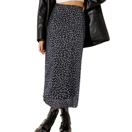 Avanova Women Boho Floral Mesh Midi Skirt High Waist Lettuce Trim Long Straight Skirt Black Floral J X-Large