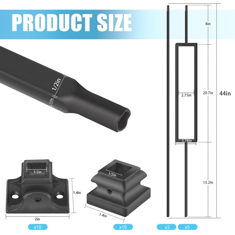 1/2 Inch Wrought Iron Rectangular Balusters - Hollow Iron Square