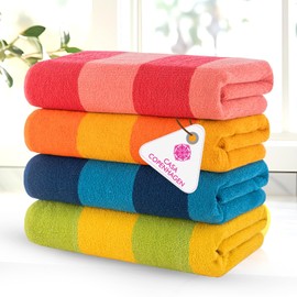 CASA COPENHAGEN Malibu Beach Towels Designed in Denmark Rough and Tough, Quick Dry, for Pool, Bath & Shower 30x60 inches 4 Pieces Cotton Beach Bath Towels Set - Orange, Blue, Pink, Green