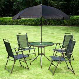 Outsunny Outsunny 6 Piece Patio Dining Set for 4 with Umbrella, Outdoor Table and Chairs with 4 Folding Dining Chairs & Round Glass Table for Garden, Backyard and Poolside, Black
