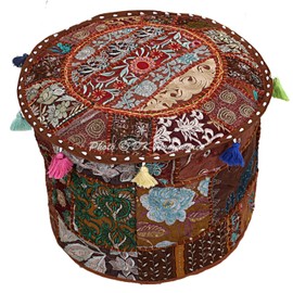 DK Homewares Indian Round Stool Footstool Brown Patchwork Embroidered Cotton Living Room Decorative Ottoman Footrest Stool Seat | (16 x 16 x 13 Inches / 40 cm) Cover Only