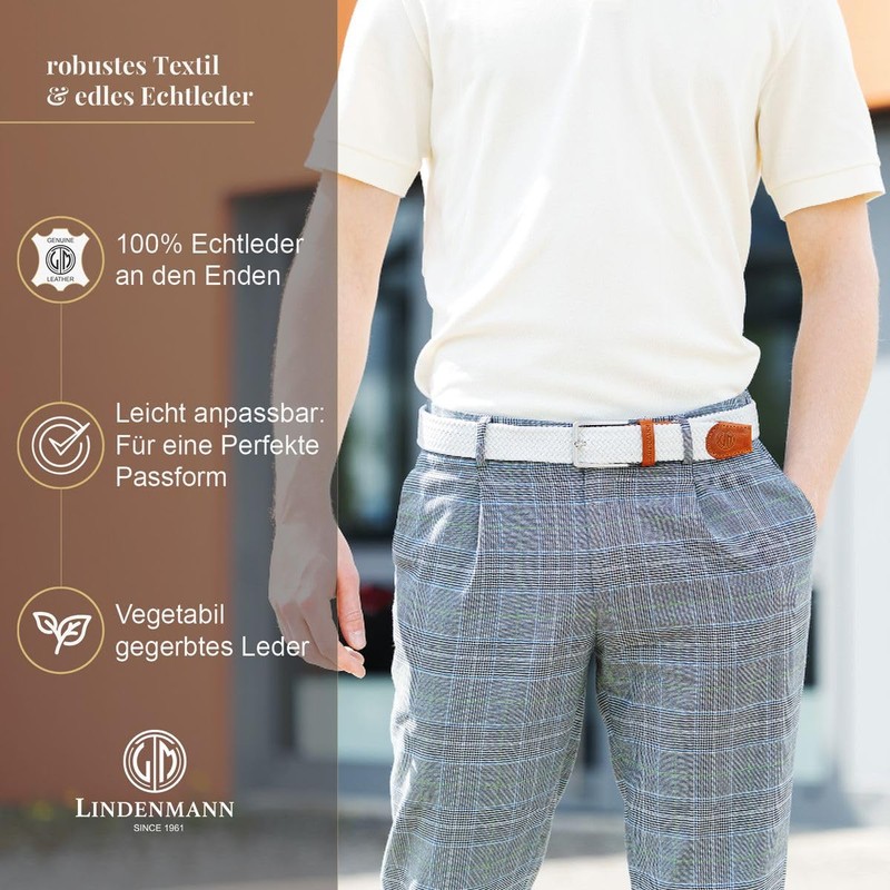 LINDENMANN Men's Stretch Belt Textile Braided Belt for Golf White,