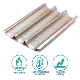 Baguette Pans for Baking 15" x 11", Carbon Steel 3 Loaf Nonstick Baguette Baking Tray for French & Italian Perforated French Bread Pan