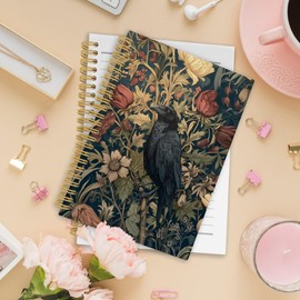 XPH William Morris Crow Spiral Notebook, Dark Cottagecore Journaling Notebooks for Note Taking, Vintage Floral Raven Hardcover Journal for Writing 160 Pages 5.5 x 8.3 Inch, Crow Gifts for Women