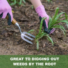 Garden Hand Fork, Hand Weeding Fork with Sharp Tine for Easy Uprooting Large Weeds, Stainless Steel Garden Fork, Comfortable Grip Wood Handle Hand Fork for Fast Weeding, Loosening Soil and Composting