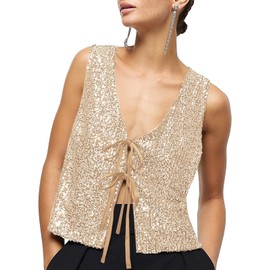 Imily Bela Womens Sequin Vest Sleeveless V Neck Tie Front Sparkly Party Waistcoat