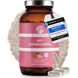 QIDOSHA® Organic Ashwagandha Capsules, Test Winner 08/23*, 1500 mg per Daily Portion, 240 Capsules in Glass, Ashwagandha High Dose, Withania Somnifera (Sleep Berry), Laboratory Tested, Vegan