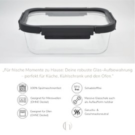 HATTY HAYS Airtight Food Storage Containers with Lid, 640 ml, Glass Container with Glass Lid and Plastic Frame, Meal Prep Boxes Ideal as Cold Cuts Boxes for Fridge or Casserole Dish with Lid