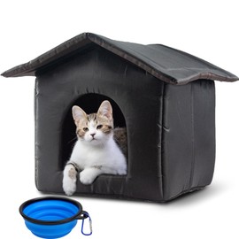 BNOSDM Outdoor Cat House Waterproof Feral Cat Shelter, Warm Stray Pet House with Folding Bowl Collapsible Small Animals Tent for Outside/Indoor Cat Puppy (Black)