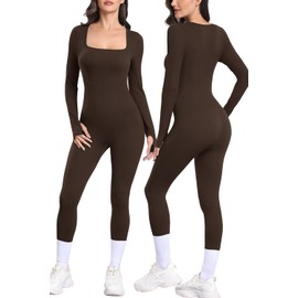 Vigorics Snatched Bodysuit Shapewear Jumpsuit Long Sleeve Yoga Jumpsuit Ribbed Bodysuit Jumpsuit with Tummy Control Brown L