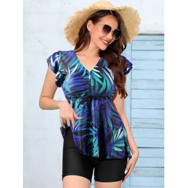 Ecupper Womens Tankini Set Two Piece Swimsuits Drawstring Floral Bathing Suit Short Sleeve Swimdress with Boyshorts Green Leaf 2XL