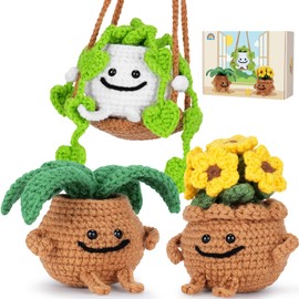 3PCS Hanging Potted Plants Crochet Kit for Beginners Crochet Starter Kit Plants for DIY Handcrafts with Instructions Video Tutorials, Complete Crochet Set Knitting Kit Tree Flower Beginner Crochet Kit