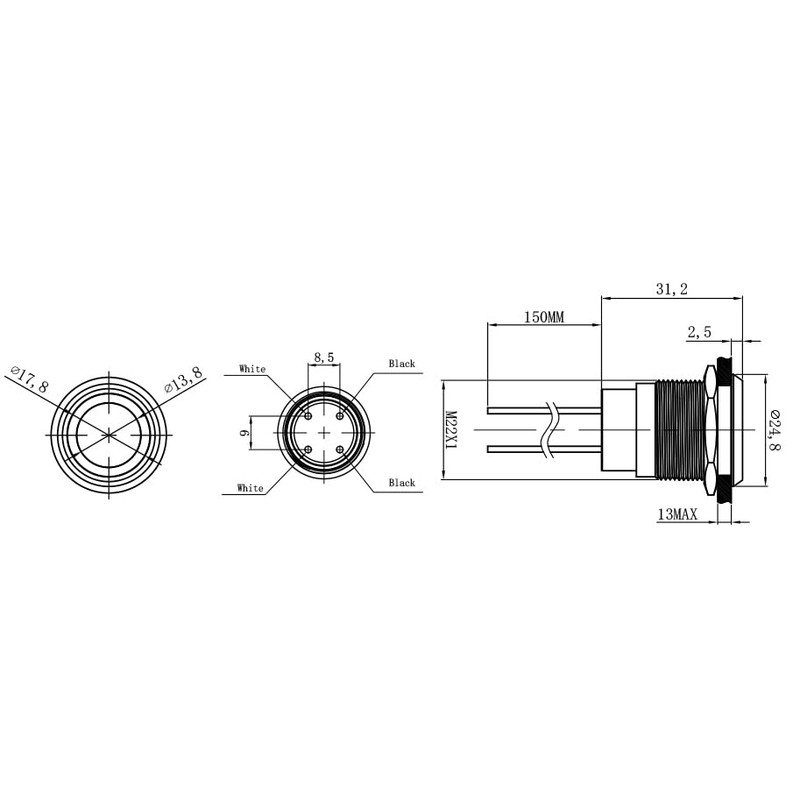 HBAN 22mm Momentary Stainless Steel Flat Round Pre-Wired Head Push