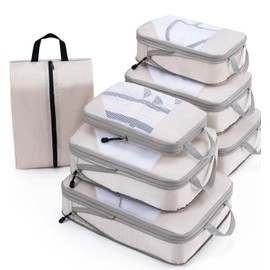 Meowoo Compression Packing Cubes 7 Set, Ripstop Mesh Travel Organizers for Luggage, Multi-Functional Ultralight Expandable Packing Cubes for Suitcase, Carry-on Luggage, Travel, Backpack, Beige