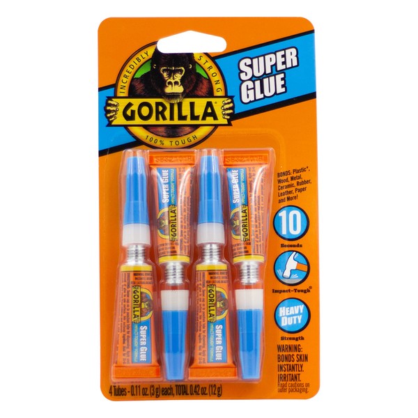 Gorilla Gorilla Super Glue, Clear Glue, Four 3 Gram Tubes