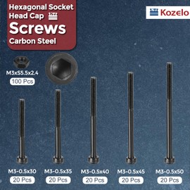 Kozelo 200pcs M3 Hex Socket Cap Screw Bolt Nut Assortment Kit [M3x30/35/40/45/50mm] Alloy Steel Fully Threaded Black Oxide 12.9 Internal Hex Screws for 3D Printer