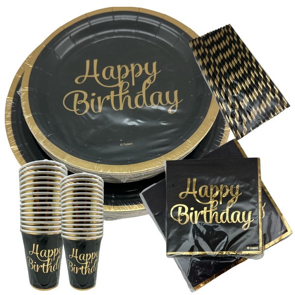Serves 30 Complete Party Pack Happy Birthday Party Supplies 9" Dinner Paper Plates 7" Dessert Paper Plates 12 oz Cups 3 Ply Napkins Happy Birthday Party Supplies Gold Foil
