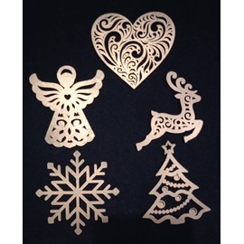 Purpledip Wooden Christmas Hangings (Heart, Snowflake, Tree, Angel, Reindeer): Xmas Tree Ornaments Wall Decorations DIY Set Of 5, Golden (12442A)