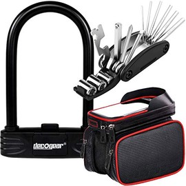 Deco Gear Cycling Kit with 16-in-1 Multi-Function Repair Tool, Heavy Duty Combination Bike U-Lock, and Bike Frame Cell Phone Mount with Dual Storage Pockets
