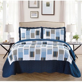 Fancy Collection 3pc Bedspread Bed Cover Over Size New (Full/Queen, Navy Blue Stripes Squares Plaid)