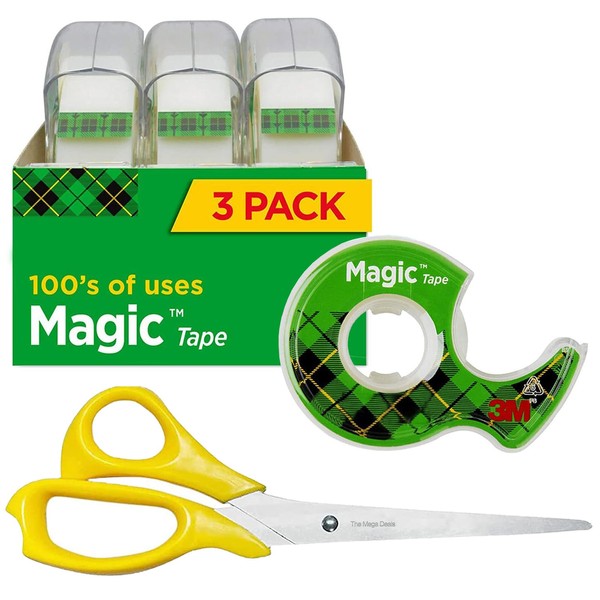 Magic Tape, 3 Rolls Tape with Tape Dispenser, Invisible Tape, Clear Tape, 1/2 x 450 Inches Tape Rolls + Scissors All Purpose