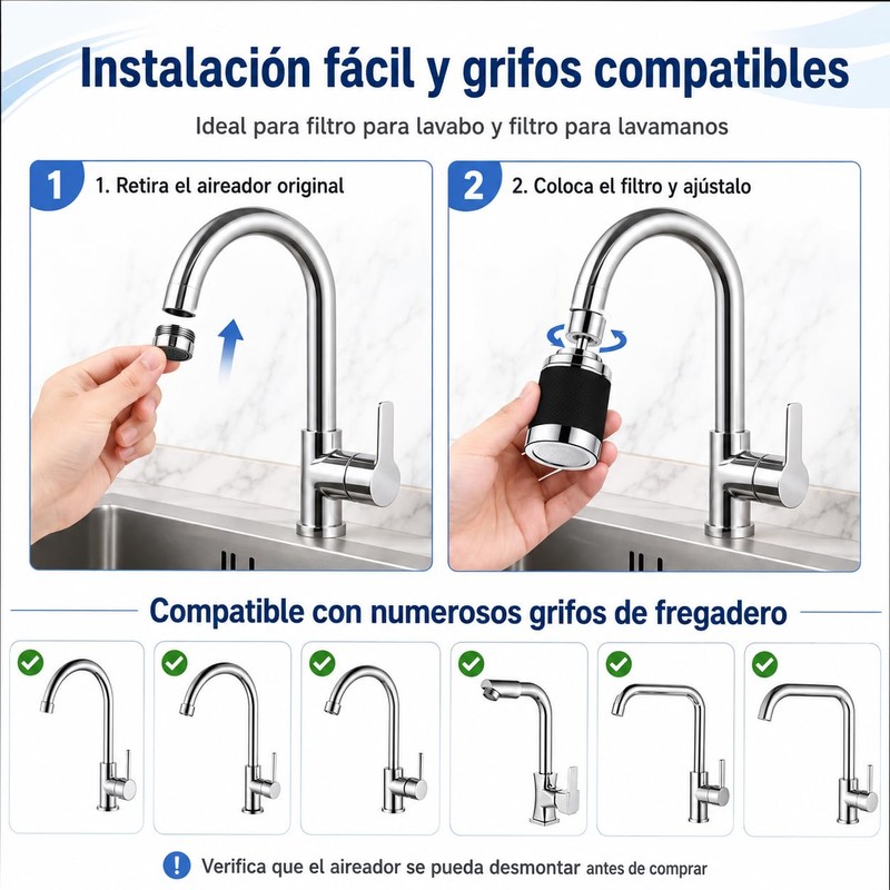 Filtro de Agua para Grifo de Cocina, 3 Modos, 360°