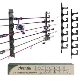 Aventik Horizontal Fishing Rod Holder for Garage Wall or Ceiling Mounted Fishing Pole Holder Holds 6 Rods or Combos, Fishing Rod Rack for Wall, Fishing Rod Storage Organizer (Black)
