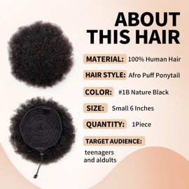 Boymia Afro Puff Ponytail for Black Women #1B Natural Black 6 Inch 100% Human Hair Puff Ponytail Hair Extensions Clip On Kinky Drawstring Curly Ponytail Bun Durable Natural Soft and Smooth Hairpiece