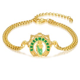 KATHLU St Jude Bracelet 925 Sterling Silver Saint Jude Bracelet for Women Men Horseshoe Shape Saint Bracelet Catholic Religious Jewellery Gifts Green & Gold, Sterling Silver, no gem