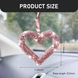 Ferianl Bling Heart Car Mirror Hanging Accessories, Crystal Rhinestone Rear View Mirror Accessories, Cute Diamond Auto Interior Hanger Decoration, Car Accessories for Women (Pink)