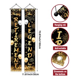 Printspree Retirement Porch Sign Banner Set - 12x71 Inch Black and Gold Design - Happy Retirement and The Legend has Retired - Durable Polyester for Indoor and Outdoor Use
