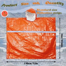 Extra Large High Visibility Emergency Survival Poncho, Mylar Liner - 2" Reflective Strips, 100% Waterproof and Windproof, Retains 92% Body Heat, Portable, Outdoor, Hiking, Camping (Orange)
