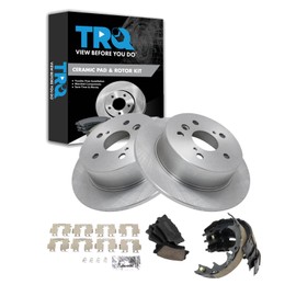 TRQ Rear Brake Pad & Rotor Kit Brake Pads Brake Rotor Parking Brake Shoe Set Ceramic Compatible with 2007-2012 Lexus ES350 2008-2012 Toyota Avalon 2007-2011 Camry