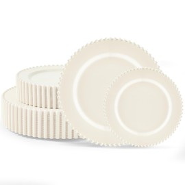 ROCOHANTI 60PCS Ivory Plastic Plates - Beaded Ivory Disposable Plates - Premium Cream Plastic Plate Include 30 Dinner & 30 Dessert Disposable Plate for Birthday, Baby Shower Spring, Wedding & Party
