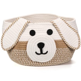 Zopeal Dog Woven Basket Cute Woven Cotton Rope Puppy Animal Storage Basket for Laundry Toy Gift (Khaki, White,13 x 8 Inch)