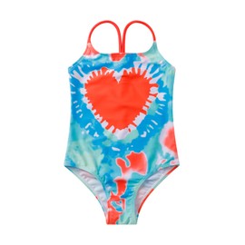 LIZENS Girls' One Piece Swimsuit Stylish Swimwear for Kids Red Bathing Suit with Love Print(BDF11203,10-12T)