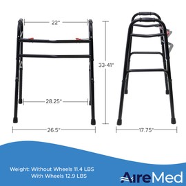 AireMed Bariatric Folding Walker Extra Wide – Skis Glides Included - Heavy Duty Steel Frame – 22" Between Hand Grips – Sleek Black Color - 600lb Capacity - Comfortable, Stable & Reliable Walker