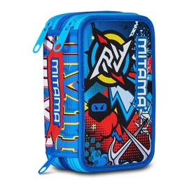 Mitama School Pencil Case 3 Compartments, Triple Mysterical Warriors, Content 47 Pieces, Complete with Pencils, Markers and Pen Holder for Elementary School Children, Blue, Taglia Unica, 3 Zip Pencil