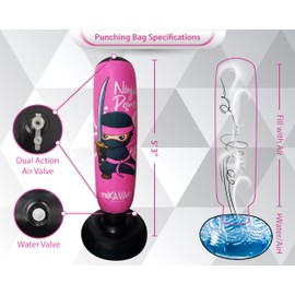 Punching Bag for Kids - 5' 3" Tall and Stable - Ninja Kids Inflatable Punching Bag Combo Kit with Kids Boxing Gloves, a Pump and Repair Kit. Boxing Bag for Immediate Bounce Back (Pink Baby Ninja)