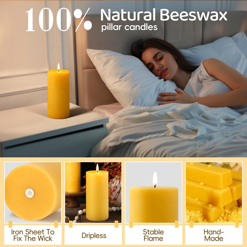 4 Pack Natural Beeswax Pillar Candles,100% Pure Beeswax Candles-380 Hours