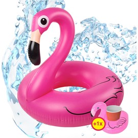 TK Group Timo Klingler Flamingo Ring, Approx. 110 cm Swimming Ring, Flamingo Inflatable Pool and Water with Cup Holder for Adults and Children