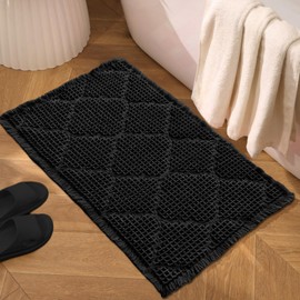 ZALL Black Waffle Bath Mat,Super Absorbent Non Slip Bathroom Rug,Brown 24x36inch, Geometric Diamond Machine Washable Ultra Soft Floor Mats
