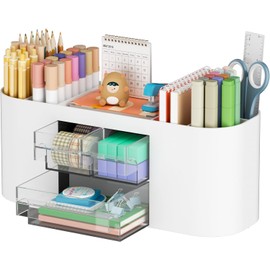 AUMA Desk Organizer Pen Holder for Desk with 3 Drawers, Multi-Functional Pencil Holder, Desk Organizers and Accessories with 7 Compartments + Drawer for Home, School, Classroom(Beige)