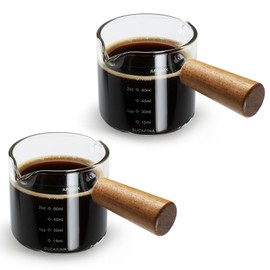 2 Pack Espresso Cups with Wood Handle, Double Spout Glass Measuring Cup with Dual Scale, Espresso Shot Glass with V-Shaped Mouth, Clear Glass Espresso Accessories, Milk Frothing Pitcher 3.52 OZ