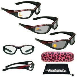 Bikershades Motorcycle Transitional Riding Glasses Womens Red Frame Rhinestones Day Night Light Adjusting Photochromic