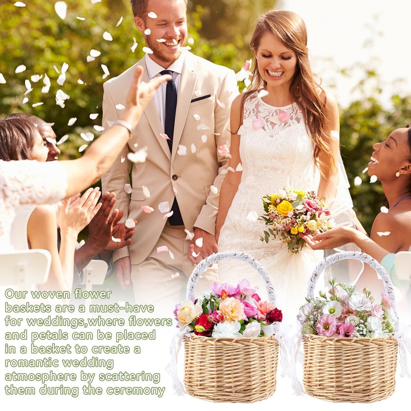 Set of 2 Wicker Rattan Flower Girl Basket for Wedding
