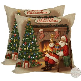 2 Pack Waterproof Outdoor Merry Christmas Throw Pillow Covers 18x18 Inch Xmas Tree Santa Claus Pillow Cases Holiday Winter Farmhouse Decoration Cushion Cover for Sofa Couch