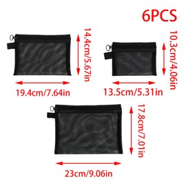 JAKOUE 6pcs 3 Type Mesh Makeup Organizer Bags - Big Zippered Cosmetic Pouches for Purse, Travel & Daily Storage (Black Nylon Multipurpose Pouch Set)