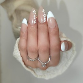 ChicPalette Press On Nails - Short French Almond Press On Fake Best Acrylic Strong Reusable Premium Nails with Designs Charms Long Lasting (White Flower,S)